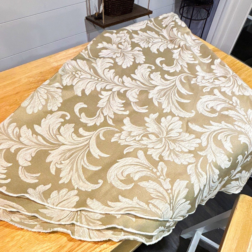 Beige & White Cotton Floral Damask Round 90" Diameter Tablecloth Hemmed